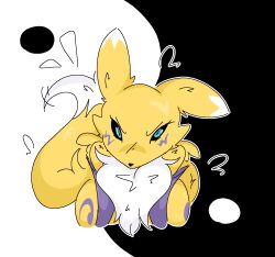  2025 annoyed anthro bandai_namco black_sclera blue_eyes chest_tuft digimon digimon_(species) female fur fur_markings guzzlord420 hi_res looking_at_viewer markings renamon solo tuft yellow_body yin_yang 