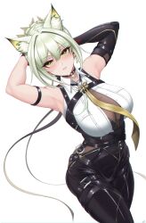  absurdres animal_ear_fluff animal_ears arknights arm_strap armpits arms_behind_head arms_up bare_shoulders black_choker black_pants breasts cat_ears choker chromatic_aberration cosplay cowboy_shot evelyn_chevalier evelyn_chevalier_(cosplay) female hair_between_eyes highres hikasa_youko kal&#039;tsit_(arknights) leggings necktie pants presenting_armpit punnosalt revision shirt simple_background sleeveless sleeveless_shirt solo standing thighs variant_set voice_actor_connection white_background white_shirt yellow_necktie zenless_zone_zero 