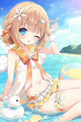  ball bare_arms bare_legs bare_shoulders barefoot beachball bird blue_eyes blue_sky blush brown_hair cloud day duck female flat_chest flower hair_flower hair_ornament hairclip highres looking_at_viewer navel ocean one_eye_closed open_mouth outdoors short_hair simple_bird sky sleeveless solo stomach swimsuit thighs varium watamiya_ahiru water 