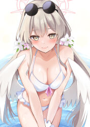  alternate_costume alternate_hairstyle angel_wings bikini blue_archive blush breasts brown_eyes brown_hair cleavage commentary_request eyewear_on_head feathered_wings female flower frilled_bikini_bottom hair_flower hair_ornament halo highres konka large_breasts leaning_forward long_hair looking_at_viewer low_twintails low_wings nagisa_(blue_archive) navel round_eyewear smile solo sunglasses swimsuit twintails v_arms water wet white_bikini white_wings wings 