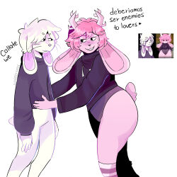  1:1 2024 4_fingers absurd_res anthro antlers artist_name before_and_after black_clothing black_eyes black_hoodie black_nose black_topwear blush blush_lines circle_eyebrows clothed clothed_anthro clothed_male clothing colored dated dialogue duo english_text eye_contact eyebrow_through_hair eyebrows fingers floppy_ears fur fzst grey_clothing grey_leotard grey_sweater grey_topwear hair hand_on_belly hi_res hoodie horn jackalope lagomorph leggings legwear leotard leporid light lighting long_ears looking_at_another lop_ears male mammal pattern_clothing pattern_leggings pattern_legwear pink_antlers pink_body pink_fur pink_hair pink_inner_ear pink_tail purple_inner_ear rabbit reference_image shaded short_hair simple_background smile smiling_at_another spanish_description spanish_text standing striped_clothing striped_leggings striped_legwear stripes sweater tail text thick_thighs thin_eyebrows topwear translation_request translucent translucent_hair unimpressed whiskers white_background white_body white_clothing white_eyebrows white_fur white_hair white_leggings white_legwear white_tail wolflly10 year 