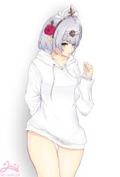  absurdres alternate_costume female flower flower_ornament genshin_impact green_eyes hair_flower hair_ornament highres looking_at_viewer maid_headdress neratul noelle_(genshin_impact) pout solo sweater white_sweater 