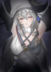  absurdres arknights arms_up black_hat breasts cleavage commentary_request dark female grey_hair hair_between_eyes hat highres large_breasts long_hair looking_at_viewer mameppu open_mouth outstretched_arms pink_eyes solo specter_(arknights) specter_the_unchained_(arknights) strap two-sided_fabric two-sided_headwear upper_body white_hat 