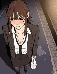  bag bags_under_eyes black_eyes black_jacket black_necktie black_pantyhose black_shoes black_skirt brown_hair can choppy_bangs collared_shirt commentary_request dark dress_shirt exhausted female from_above full_body grocery_bag high-waist_skirt high_heels highres holding holding_bag jacket long_sleeves messy_hair necktie night office_lady open_clothes open_jacket original outdoors pantyhose parted_lips pencil_skirt plastic_bag redcalypso shadow shirt shoes shopping_bag sidelocks sideways_glance signature skirt skirt_suit solo standing suit suit_jacket undone_necktie white_shirt 