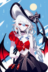  artist_name black_choker black_skirt choker collarbone earrings female hat highres jewelry long_braid long_hair looking_at_viewer navel original red_eyes red_shirt sheya shirt signature single-shoulder_shirt single_bare_shoulder skirt solo upper_body very_long_hair white_hair white_hat wings 
