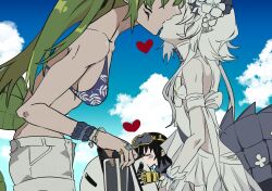  3girls arknights ban_syou bare_arms bikini black_hair blue_bikini blue_sky bracelet breasts cloud commentary_request crocodilian_tail dress eunectes_(arknights) flower gavial_(arknights) goggles goggles_on_head green_hair hair_flower hair_ornament heart highres jewelry kissing lancet-2_(arknights) large_breasts long_hair multiple_girls outdoors pointy_ears robot shorts sky swimsuit tail tomimi_(arknights) tomimi_(silent_night)_(arknights) white_dress white_flower white_hair white_shorts yuri 