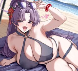  absurdres armpits bare_arms bare_shoulders bikini black_bikini blue_archive blush breasts cleavage covered_nipples eyewear_on_head female flower hair_flower hair_ornament highres huge_breasts long_hair looking_at_viewer navel oerba_yun_fang official_alternate_costume official_alternate_hairstyle open_mouth parted_bangs ponytail purple-framed_eyewear purple_eyes purple_hair red_flower skin_fang solo sunglasses swimsuit thigh_strap woo_(woosan) yukari_(blue_archive) yukari_(swimsuit)_(blue_archive) 