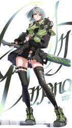  absurdres anby_demara bag belted_skirt black_gloves black_pantyhose black_skirt braided_sidelocks crop_top female fingerless_gloves gloves green_jacket green_shoes grey_hair headphones highres holding holding_sword holding_weapon jacket orange_eyes pantyhose pleated_skirt sato_inryo shoes short_hair skindentation skirt solo sword weapon zenless_zone_zero zettai_ryouiki 