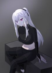  ak-12_(girls&#039;_frontline) artificial_eye black_pants black_shirt female girls&#039;_frontline grey_background grey_hair highres long_sleeves mechanical_eye navel pants ponytail purple_eyes shirt solo songhayun9 unusually_open_eyes 