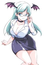  black_skirt blue_eyes breasts cowboy_shot darkstalkers demon_wings female glasses green_hair head_wings high-waist_skirt highres ikaringo_(ikaringo4444) large_breasts long_hair morrigan_aensland office_lady shirt simple_background skirt solo white_background white_shirt wings 