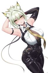  absurdres animal_ear_fluff animal_ears arknights arm_strap armpits arms_behind_head arms_up bare_shoulders black_choker black_pants breasts cat_ears choker cosplay cowboy_shot evelyn_chevalier evelyn_chevalier_(cosplay) female hair_between_eyes highres hikasa_youko kal&#039;tsit_(arknights) leggings necktie pants presenting_armpit punnosalt revision shirt simple_background sleeveless sleeveless_shirt solo standing thighs variant_set voice_actor_connection white_background white_shirt yellow_necktie zenless_zone_zero 