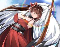  absurdres armpits azur_lane blue_sky breasts brown_hair commentary_request day dress female flower from_below hair_flower hair_ornament highres holding holding_sword holding_weapon ishida_katsuzane japanese_clothes kimono large_breasts long_hair long_sleeves looking_at_viewer metal_belt one_eye_closed outdoors red_dress red_flower side_ponytail sky sleeveless sleeveless_dress smile solo sword very_long_hair weapon white_kimono wide_sleeves wooden_sword yellow_eyes zuikaku_(azur_lane) 