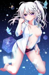  9-nine- absurdres ahoge alternate_costume ass_visible_through_thighs bare_legs barefoot black_bow blush bow bow_panties braid breasts breasts_apart clenched_hand collarbone collared_shirt commentary_request commission covered_nipples denim eyes_visible_through_hair female floating_hair full_body green_ribbons grey_hair hair_between_eyes hair_ribbon hand_on_own_hip hand_up highres kneeling large_breasts light_particles long_hair looking_at_viewer navel niimi_sora no_bra open_clothes open_shirt panties parted_lips purple_eyes red_panties ribbon second-party_source shirt short_sleeves side_ponytail sidelocks signature single_braid skeb_commission solo stomach tamamo_(1_tamamo) thighs underwear unzipped white_shirt 