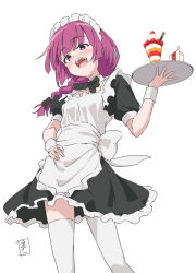  :d alcohol_carton alternate_costume apron black_bow black_bowtie blunt_bangs blush bocchi_the_rock! bow bowtie braid commentary enmaided female food frilled_apron frills hairbow hand_on_own_hip highres hiroi_kikuri holding holding_tray kanata_mako long_hair looking_at_viewer maid maid_apron maid_headdress open_mouth parfait pink_eyes pink_hair puffy_short_sleeves puffy_sleeves sharp_teeth short_sleeves signature simple_background single_braid smile solo teeth thighhighs tray upper_teeth_only white_apron white_background white_thighhighs wrist_cuffs 
