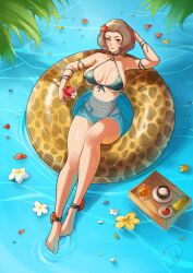  absurdres alternate_costume anklet apple banana bare_shoulders bikini blush breasts brown_eyes brown_hair choker cleavage closed_mouth coconut cup deliciousbrain drinking_straw female fire_emblem fire_emblem:_three_houses floating flower food from_above fruit green_bikini hair_flower hair_ornament hair_slicked_back highres holding holding_cup innertube jewelry large_breasts lipstick looking_at_viewer makeup manuela_casagranda mole mole_under_eye navel orange_lips palm_tree short_hair sideboob skindentation smile solo stomach swim_ring swimsuit tray tree underboob water 