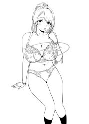  asymmetrical_bangs bare_arms bare_shoulders blunt_bangs blush bra bracelet breasts cleavage closed_mouth collarbone commentary_request embroidered_bra embroidered_panties feet_out_of_frame female goshiki_suzu greyscale hand_up highres jewelry large_breasts line_art long_hair looking_at_viewer midriff monochrome navel original panties ponytail reika_(goshiki_suzu) signature sitting socks solo underwear underwear_only 