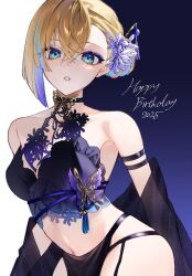  2025 arm_strap blonde_hair bug butterfly butterfly_ornament character_request copyright_request eyeshadow female flower hair_flower hair_ornament happy_birthday highres makeup multicolored_hair navel nogi_(nokisaki) purple_butterfly purple_eyeshadow solo streaked_hair 