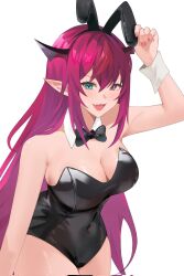  arielsomayikan bare_shoulders black_horns black_leotard blue_eyes breasts cleavage corrupted_twitter_file covered_navel cowboy_shot female heterochromia highres hololive hololive_english horns irys_(hololive) large_breasts leotard long_hair multicolored_hair playboy_bunny purple_eyes purple_hair red_hair simple_background solo strapless strapless_leotard streaked_hair two-tone_hair virtual_youtuber white_background 