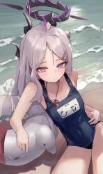  absurdres bare_shoulders beach blue_archive blue_one-piece_swimsuit breasts character_name covered_navel cowboy_shot demon_girl demon_horns demon_wings duck_innertube female hair_ornament halo highres hina_(blue_archive) hina_(swimsuit)_(blue_archive) horns innertube jun_daniell long_hair looking_at_viewer multiple_horns name_tag ocean official_alternate_costume old_school_swimsuit one-piece_swimsuit outdoors purple_eyes school_swimsuit small_breasts solo swim_ring swimsuit whistle whistle_around_neck white_innertube wings 