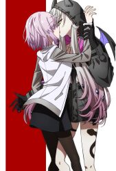  2girls black_hands black_jacket breasts colored_extremities demon_girl demon_horns demon_wings fate/grand_order fate_(series) glasses green_eyes grey_hair hair_over_one_eye highres horns jacket kissing lilith_(fate) lilith_(first_ascension)_(fate) long_hair long_sleeves low_twintails mash_kyrielight multiple_girls oiun pantyhose pink_hair purple_eyes short_hair twintails wings yuri 