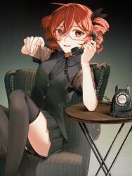  absurdres alternate_costume antique_phone black_skirt black_thighhighs black_vest buttons chair drill_hair female glasses highres kasane_teto looking_at_viewer miniskirt on_chair phone pleated_skirt popomine_(popo3ne) red_eyes red_hair rotary_phone short_sleeves sitting skirt solo table talking_on_phone thighhighs twin_drills utau vest 