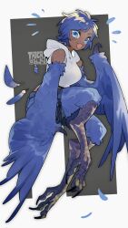  artist_name bird_legs black_background blue_eyes blue_feathers blue_hair blue_wings blush claws commentary cropped_hoodie dark-skinned_female dark_skin english_commentary feathered_wings feathers female harpy highres hood hood_down hoodie monster_girl open_mouth original short_hair simple_background sleeveless sleeveless_hoodie solo taiga_(klm1511) talons two-tone_background white_hoodie winged_arms wings 