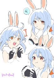  :t ^^^ animal_ear_fluff animal_ears bare_shoulders black_gloves black_leotard braid breasts carrot_hair_ornament closed_mouth commentary cropped_torso don-chan_(usada_pekora) dress eating female food food-themed_hair_ornament fur-trimmed_gloves fur_trim gloves hair_ornament highres holding holding_food hololive kiritoma leotard long_hair multiple_views onigiri open_mouth rabbit_ears signature simple_background small_breasts spoken_squiggle squiggle strapless strapless_dress strapless_leotard surprised twin_braids twintails upper_body usada_pekora usada_pekora_(1st_costume) virtual_youtuber wavy_mouth white_background white_dress 