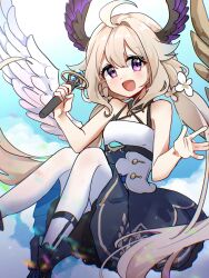  :d ahoge angel_wings aqua_nails bare_arms bare_shoulders blonde_hair blue_sky breasts cloud dress enna_alouette enna_alouette_(1st_costume) feet_out_of_frame female floating floating_hair grey_dress hair_between_eyes hair_flaps hair_ornament hands_up head_wings highres holding holding_microphone knees_together_feet_apart knees_up long_hair looking_at_viewer low_twintails microphone nail_polish nijisanji nnnn open_mouth pantyhose pink_eyes purple_wings shoes single_wing sky sleeveless sleeveless_dress small_breasts smile solo twintails very_long_hair virtual_youtuber white_dress white_pantyhose white_wings wings 