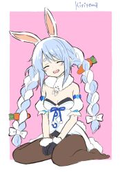  :d ^_^ animal_ear_fluff animal_ears bare_shoulders between_legs black_gloves black_leotard blue_hair blush border bow braid breasts brown_pantyhose carrot_hair_ornament closed_eyes commentary_request detached_sleeves don-chan_(usada_pekora) dress facing_viewer female food-themed_hair_ornament full_body fur-trimmed_dress fur-trimmed_gloves fur_trim gloves hair_ornament hairbow hand_between_legs highres hololive kiritoma leotard multicolored_hair no_shoes pantyhose pink_background puffy_short_sleeves puffy_sleeves rabbit_ears rabbit_girl rabbit_tail short_sleeves signature sitting small_breasts smile solo strapless strapless_dress strapless_leotard tail twin_braids twintails two-tone_hair usada_pekora usada_pekora_(1st_costume) virtual_youtuber wariza white_border white_bow white_dress white_hair white_sleeves 