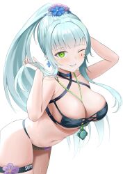  ;) absurdres akachi bikini black_bikini breasts cleavage commentary cross cross_earrings earrings female flower girls&#039;_frontline girls&#039;_frontline_2:_exilium green_eyes grey_hair hair_flower hair_ornament highres hk416_(girls&#039;_frontline) jewelry klukai_(girls&#039;_frontline_2) large_breasts leaning_forward long_hair looking_at_viewer navel official_alternate_costume one_eye_closed parted_lips ponytail simple_background smile solo swimsuit teardrop_facial_mark thigh_strap wet white_background 