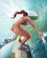  ass bikini breasts brown_bikini brown_hair chernyart female from_behind full_body highres large_breasts original ponytail side-tie_bikini_bottom signature solo surfboard surfing swimsuit waves wet wet_camera 