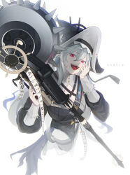  :d arknights black_dress black_hat blood blood_on_face blood_on_hat breasts chinese_commentary cleavage commentary dress female grey_hair grey_thighhighs hair_between_eyes hand_on_own_cheek hand_on_own_face hat highres holding holding_weapon long_hair long_sleeves looking_at_viewer open_mouth pink_blood pink_eyes shangzi_(wangmoran) smile solo specter_(arknights) specter_the_unchained_(arknights) standing teeth thighhighs two-sided_fabric two-sided_headwear upper_teeth_only weapon white_hat 
