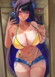  absurdres asymmetrical_horns bikini black_hair blue_hair bracelet brazilian_miku brazilian_miku_(cosplay) breasts cleavage closed_mouth colored_inner_hair commentary cosplay denim denim_shorts elizabeth_rose_bloodflame english_commentary female green_nails hands_up hatsune_miku highleg highleg_bikini highres holding holding_phone hololive hololive_english horns jewelry large_breasts lazik_1337 long_hair looking_at_viewer mirror_selfie mole mole_under_eye multicolored_hair nail_polish navel nerissa_ravencroft open_fly phone purple_eyes selfie shorts sidelocks slit_pupils smile solo swimsuit tan tanlines uneven_horns very_long_hair virtual_youtuber vocaloid yellow_bikini yellow_nails 