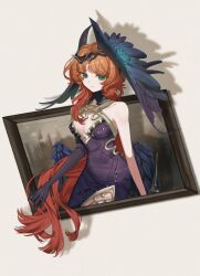  bare_shoulders breasts brown_background cleavage closed_mouth crown_of_thorns dress druvis_iii druvis_iii_(shrouded_in_thorns) elbow_gloves feathered_wings female gloves green_eyes halter_dress halterneck head_wings highres long_hair looking_at_viewer low_wings medium_breasts official_alternate_costume opal_reverse orange_hair picture_frame plunging_neckline purple_dress purple_gloves purple_wings reverse:1999 side_slit single_bare_arm single_elbow_glove sleeveless sleeveless_dress smile solo through_medium through_painting upper_body very_long_hair wings 