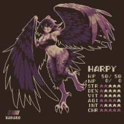  animal_ears artist_name bare_shoulders bird_ears bird_legs breasts cleavage commentary_request feathered_wings female harpy highres large_breasts limited_palette long_hair midriff monster_girl navel original pixel_art pointy_ears solo specialhanako stats talons winged_arms wings 