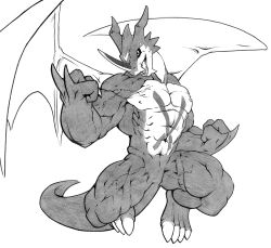  2025 abs absurd_res action_pose anthro bandai_namco big_muscles biped digimon digimon_(species) digital_drawing_(artwork) digital_media_(artwork) dragon exveemon fingers green_body head_markings hi_res horn koetti_sketches male markings monochrome muscular muscular_anthro muscular_male muscular_thighs mythological_creature mythological_scalie mythology nude pecs pose sample scalie simple_background solo tail vein veiny_muscles wings 