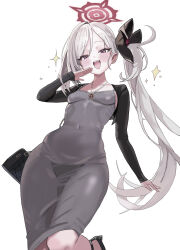  absurdres bag black_bag black_flower blue_archive blush breasts commentary dongtan_dress dress feet_up female flower from_below grey_dress hair_flower hair_ornament halo hand_up highres long_hair long_sleeves looking_at_viewer mutsuki_(blue_archive) open_mouth parted_bangs red_eyes red_halo red_ribbon ribbon shogunx1x shoulder_bag side_ponytail simple_background sleeveless sleeveless_dress slit_pupils small_breasts solo standing swept_bangs teeth thighs upper_teeth_only very_long_hair white_background white_hair 