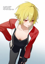 absurdres bechu black_gloves black_pants black_shirt blonde_hair blush breasts cleavage fatal_fury female fingerless_gloves genderswap_(mtf) gloves hair_between_eyes hand_on_own_hip highres jacket looking_to_the_side lower_teeth_only open_mouth pants red_eyes red_jacket rock_howard rule_63 shirt short_hair sweat teeth 