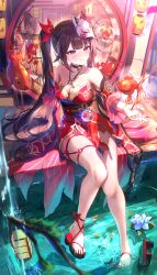  absurdres architecture arm_support bare_shoulders bell black_choker black_gloves black_sash breasts brown_hair choker cleavage closed_mouth collarbone commentary_request criss-cross_halter detached_sleeves dress east_asian_architecture female fox_mask gloves halterneck highres honkai:_star_rail honkai_(series) koi long_hair mark_under_both_eyes mask mask_on_head medium_breasts neck_bell o-ring otabaaa purple_eyes red_dress red_sleeves revision sash shoes single_glove single_shoe sitting smile solo sparkle_(honkai:_star_rail) twintails unworn_shoes water 
