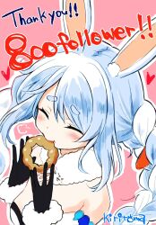  &gt;_&lt; :t bare_shoulders black_gloves black_leotard blush braid breasts closed_eyes closed_mouth commentary_request detached_sleeves don-chan_(usada_pekora) donut dress eating female food food_on_face fur-trimmed_gloves fur_trim gloves hair_between_eyes hands_up heart highres holding holding_food hololive kiritoma leotard long_hair milestone_celebration outline pink_background puffy_short_sleeves puffy_sleeves short_eyebrows short_sleeves signature small_breasts solo strapless strapless_dress strapless_leotard thank_you thick_eyebrows twin_braids twintails upper_body usada_pekora usada_pekora_(1st_costume) wavy_mouth white_dress white_outline white_sleeves 