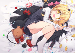  ass black_coat black_dress black_hat black_horns black_tail blonde_hair blue_archive candy coat commentary_request crime_prevention_buzzer demon_girl demon_horns demon_tail demon_wings dress female food fred04142 full_body halo hat highres horns ibuki_(blue_archive) lollipop long_hair long_sleeves looking_at_viewer lying neck_ribbon no_shoes oerba_yun_fang on_side open_mouth peroro_(blue_archive) pinafore_dress red_ribbon ribbon shirt side_ponytail sleeveless sleeveless_dress sleeves_past_wrists socks solo swirl_lollipop tail unworn_coat unworn_hat unworn_headwear white_shirt white_socks wings yellow_eyes yellow_halo 