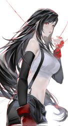  absurdres bare_shoulders black_hair black_skirt black_sleeves blush breasts commentary_request cowboy_shot crop_top detached_sleeves duoj_ji female final_fantasy final_fantasy_vii fingerless_gloves from_side gloves groin hand_up highres large_breasts lips long_hair looking_at_viewer low-tied_long_hair midriff miniskirt parted_lips pink_lips red_eyes red_gloves skirt solo string string_of_fate suspender_skirt suspenders tank_top tifa_lockhart twitter_username white_background white_tank_top 