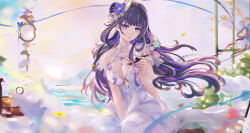  alternate_costume cat23 dress female flower flower_ornament genshin_impact hair_flower hair_ornament highres long_hair looking_at_viewer multicolored_hair raiden_shogun solo 