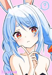  ? animal_ear_fluff animal_ears bare_shoulders black_leotard blue_hair blush braid breasts carrot_hair_ornament cleavage closed_mouth collarbone commentary_request female food-themed_hair_ornament hair_ornament hand_up head_tilt highres hololive index_finger_raised kiritoma leotard low_twintails outline pink_background rabbit-shaped_pupils rabbit_ears red_eyes signature simple_background small_breasts solo spoken_question_mark strapless strapless_leotard symbol-shaped_pupils twin_braids twintails upper_body usada_pekora usada_pekora_(1st_costume) white_outline 