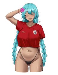  :d absurdres arm_tattoo arm_up arms_behind_head ass_visible_through_thighs bikini blue_eyes blue_hair blush braid breasts collarbone commentary cropped_legs cropped_shirt double-parted_bangs english_commentary female flower flower_tattoo groin hair_flower hair_ornament hatsune_miku highleg highleg_bikini highres large_breasts leg_tattoo long_hair looking_at_viewer navel navel_piercing one_eye_closed open_mouth panama piercing pink_flower red_shirt shirt shirt_overhang short_sleeves side-tie_bikini_bottom signature simple_background smile solo stomach swimsuit tattoo teeth twin_braids twintails upper_teeth_only very_long_hair vocaloid white_background worldwide_miku yukaraishin 