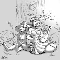  absurd_res anthro biped bodily_fluids dragon dragoon duo eyebrows feet female fingers hair hi_res lyre mulvan_treehugger musical_instrument mythological_creature mythological_scalie mythology open_mouth outside pink_prawn playing_music plucked_string_instrument saliva scalie sitting string_instrument thick_thighs three-quarter_view toes 