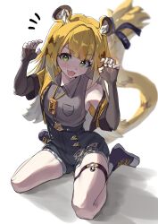  absurdres animal_ear_fluff animal_ears black_gloves bow collared_shirt elbow_gloves female fingerless_gloves gloves green_eyes grey_shirt high-waist_shorts highres jacket ju_fufu open_mouth orange_fur shirt shorts simple_background sitting smile striped_fur tail tail_bow tail_ornament thigh_strap tiger_ears tiger_girl tiger_stripes tiger_tail tora_(kumo_sakamoto) wariza yellow_jacket zenless_zone_zero 