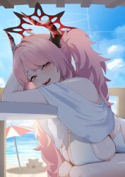  alternate_costume alternate_hairstyle bare_shoulders beach blue_archive blush breasts demon_horns demon_tail fangs female halo highres horns huge_breasts long_hair looking_at_viewer mechasoul mole mole_on_breast ocean one-piece_swimsuit open_mouth orange_eyes pink_hair ponytail red_halo satsuki_(blue_archive) sideboob sidelocks solo swimsuit tail white_one-piece_swimsuit 
