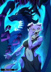  2025 5_fingers absurd_res ambiguous_gender anthro blue_body blue_scales breasts canid canine clothed clothed_anthro clothed_female clothing countershade_torso countershading dark_violet digital_media_(artwork) dragon duo female feral fingers front_view fur hi_res horn looking_at_viewer mammal mythological_creature mythological_scalie mythology navel purple_body purple_fur purple_tail scales scalie standing tail wings yellow_eyes 