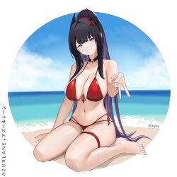  absurdres azur_lane bare_shoulders beach bikini black_hair blue_sky blush breasts chieftain_art13 choker cleavage cloud commentary_request commission copyright_name day female front-tie_bikini_top front-tie_top gyaru_v head_tilt highres large_breasts multicolored_hair ocean outdoors pixiv_commission ponytail purple_eyes purple_hair red_bikini side-tie_bikini_bottom sky smile solo strasbourg_(azur_lane) swimsuit thigh_strap thighs two-tone_hair v 